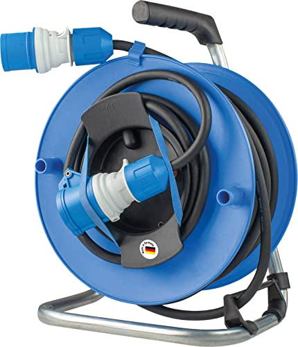 as - Schwabe Camping Kabeltrommel 25 m - Spannungsanzeige - Blau, 12270 | 1,5 m Anschlussleitung mit CEE Stecker - 1 CEE-Kupplung 230V/16A/3-polig - Outdoor Kabeltrommel - Spritzwasserschutz IP44