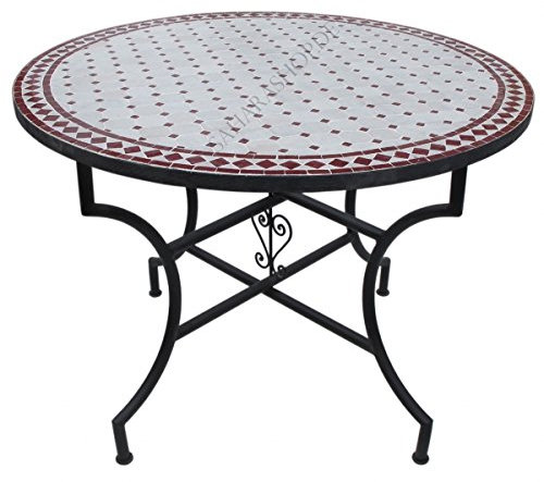Saharashop Orientaliskt mosaikbord rund Ø 100 cm bordeauxnatur, terrassbord, trädgårdsbord, medelhavet kakelbord, sidobord handgjord, balkongbord bistrobord soffbord
