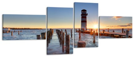 Leinwandbild Leuchtturm mit Pier LW182 Wandbild, Bild auf Leinwand, 4 Teile, 200x90cm, Kunstdruck Canvas, XXL Bilder, Keilrahmenbild, fertig aufgespannt, Bild, Holzrahmen, Landschaft, Natur, See,