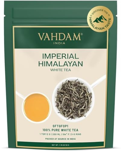 VAHDAM, Feuilles De Thé Blanc De L'himalaya (50 G, 25+ Tasses) De Qualité Supérieure | 100% Pur Et Aromatique | Thé Blanc En Vrac Aux Bourgeons De Feuilles, Conditionné En Inde | Doux, parfumé et délicieux | Feuilles de thé blanc cultivées en haute altitude | Faible teneur en caféine