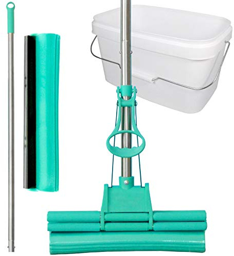 Green Mop Set 30-02 - Green Mop 30 cm + Stiel + Ersatzschwammm + 10 Liter Eimer in weiss - Doppelwringer Mop saugstarker WischMop PVA Bodenwischer