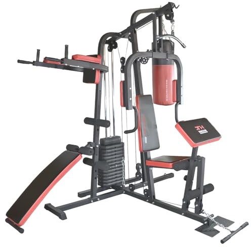 TrainHard® Kraftstation Multistation Fitnessstation Home Gym 65 kg Gewichten inkl. Dipstation, Beinhebe + Sit Up Bank, 80cm Boxsack & B.-Halterung