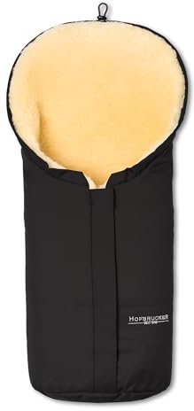 Hofbrucker Lammfell-Fußsack Eskimo für Babyschale, Kinderwagen. Ab Geburt verwendbar. Kapuze in Mumienform schützt gut gegen Wind. In Deutschland hergestellt. Echtes Lammfell in Öko-Tex Qualität. Farbe: Schwarz