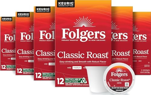 Folgers Classic Roast, Medium Roast Coffee, Keurig K-Cup Pods, 12 Count Boxes (Pack of 6)