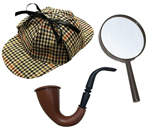 Viktoriansk detektivdräktskit – Deerstalker-hatt, brun viktoriansk stil, rör och förstoringsglas – 3-delat tillbehörsset