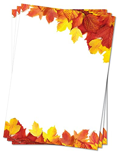 Motivpapier Briefpapier (Herbst-5063, DIN A4 100 Blatt) bunt gefärbte Herbst-Blätter in gelb-rot Ahorn- und Lindenblätter