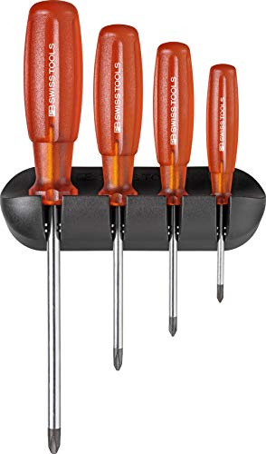 PB Swiss Tools PHILLIPS - Set di 4 cacciaviti a croce PB 6242 (PH0/PH1/PH2/PH3), supporto da parete, 100% Swiss Made.