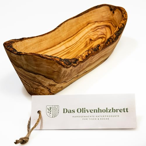 das Olivenholzbrett® / typisch schmal geschnittene Baguetteschale Olivenholz/Brotschale aus Holz/Snackschale Olivenholz/naturbelassener Rand / 40 cm | Perfekt zum Servieren für Baguettebrot/naturbelassener Rand/mediterrane Schale/Servierschale