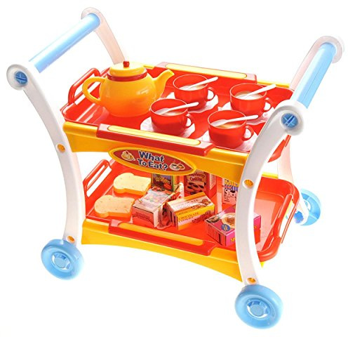 PowerTRC Tea Set Toy for Little Girls, Tea Trolley Cart w/ Tea Pots Cups Accessories, Tea Party Kitchen Pretend Play Set Gifts for Kids Toddlers Toys