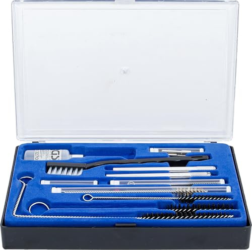 BGS 3270 | Reinigungs-Satz für Farbsprühpistolen | 22-TLG. | Bürsten, Mikronadeln & Messingbürste | 2 Aluminiumbehälter | Fläschchen für Spezialschmiermittel | Kunststoffkassette