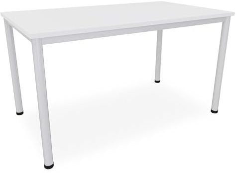 Dila GmbH Schreibtisch Verschiedene Größen und Farben, Konferenztisch graues Metallgestell, Stabiler Besprechungstisch Arbeitstisch, Bürotisch hauseigene Fertigung (B: 140 cm x T: 80 cm, Weiß)