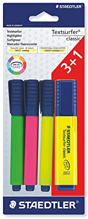 STAEDTLER 364 A BK4D Textsurfer Classic Highlighter Bonus Pack - Assorted Colours (Pack of 3+1)