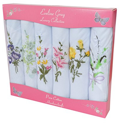 Handkerchiefs 6 Ladies Coloured And White Boxed Embroidered 100% cotton, 12ins / 30cm, White with floral design