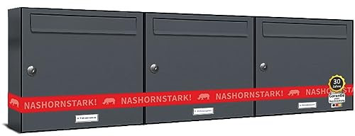 AL Briefkastensysteme 3er Briefkastenanlage Anthrazit Grau RAL 7016, Premium Briefkasten DIN A4, 3 Fach Postkasten modern Aufputz