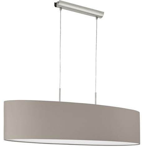 EGLO Pendellampe Pasteri, 2 flammige Textil Pendelleuchte | Hängeleuchte oval aus Metall in Silber und Stoff in Taupe, E27 Fassung, L 100 cm