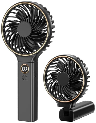 FGHB Ventilador de mano portátil, ventilador USB recargable 4000mAh, 6 velocidades potente ventilador de mesa con pantalla LCD, plegable mini ventilador para viajar, playa, camping y oficina
