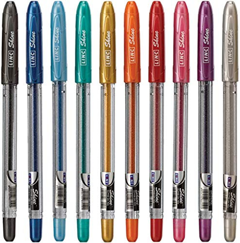 Linc 10 x Shine Sparkled GLITTER Gel Pens 0.7 mm FINE Tip 10 colours