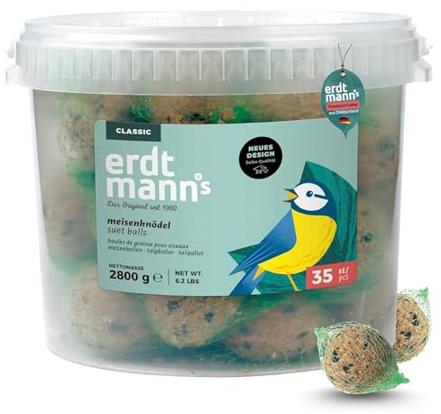 Erdtmanns 35 Sommer-Meisenknödel – Wildvogelfutter im Eimer 3 Kg | Vogelfutter mit moderatem Energiegehalt für die Brutzeit - Leichte Nahrung für Wildvögel mit Haferflocken & Früchten