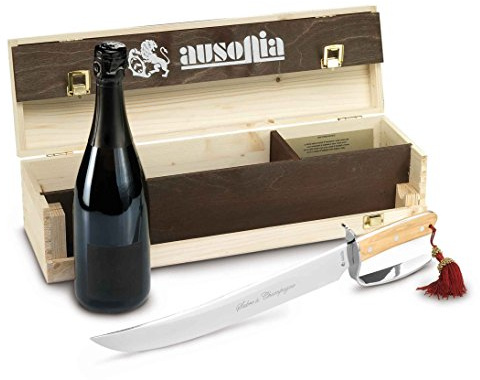 Ausonia - 61355 sable champán con mango de oliva Cm 34 con la botella de vino italiano Prosecco de Valdobbiadene en caja de madera firmada