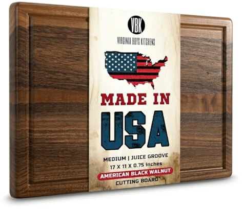 Made in USA Black Walnut Wood Cutting Board by Virginia Boys Kitchens - Butcher Block Wooden Carving Board with Juice Well made from Sustainable Hardwood (17x11)