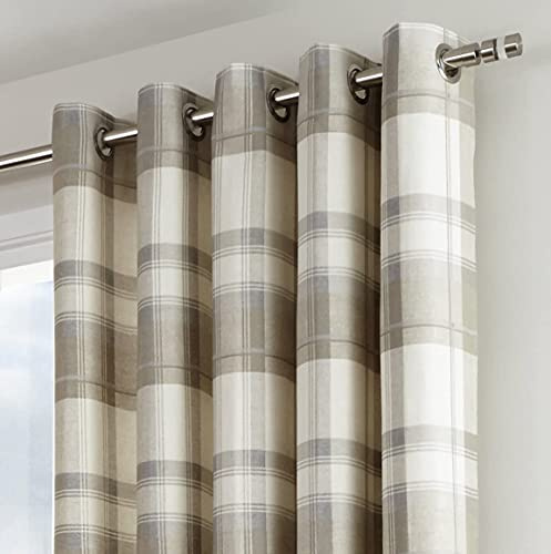 Fusion - Balmoral Check - 100 Percent Cotton Pair of Eyelet Curtains - 46 Width x 54 Drop (117 x 137cm) in Natural, Nautral