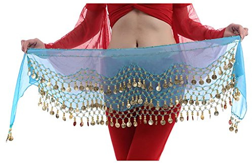 Chiffon 3 Row Belly Dance Hip Scarf Coin Belt with 128 coins, Lake Blue, One size