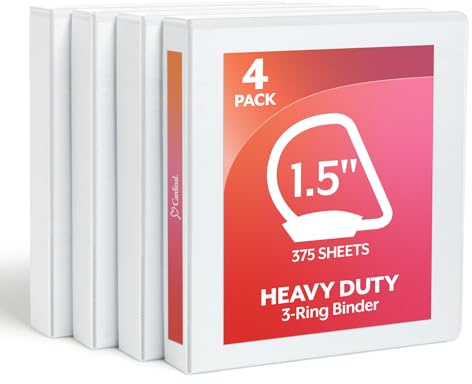 Cardinal 1.5 Inch 3 Ring Binder, D Ring, White, 4 Pack, Holds 375 Sheets (29400)