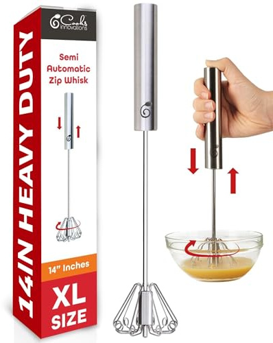 14 Inch Stainless Steel Egg Beater - Durable & Easy to Use Push-Down Zip Whisker - Rotary Hand Mixer for Beating Eggs, Frothing Milk, Blending, Mixing, Whipping Smoothies & Shakes - Hand Whisk