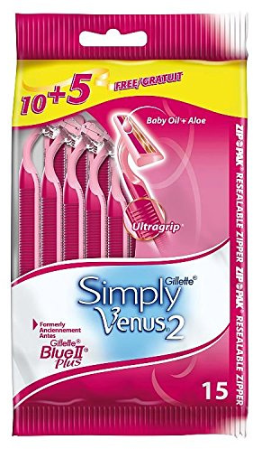 Gillette Venus Blue II Plus Maquinillas de Afeitar Desechables, Pack de 15 | Maquinillas de Depilación Mujer de 2 Hojas con Mango Ultragrip Y Banda Lubricante