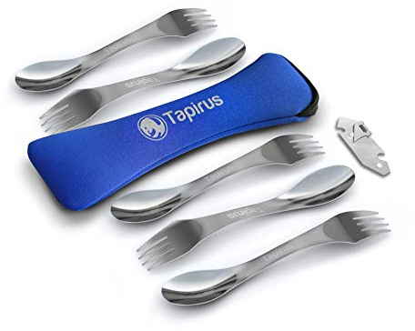 Tapirus - 5 Spork Of Steel Utensils Set - 8-inch Long Durable & Rust Proof Stainless Steel Spoon, Fork & Knife Flatware - For Camping, Fishing, & Hunting - With Bottle Opener & Carrying Case