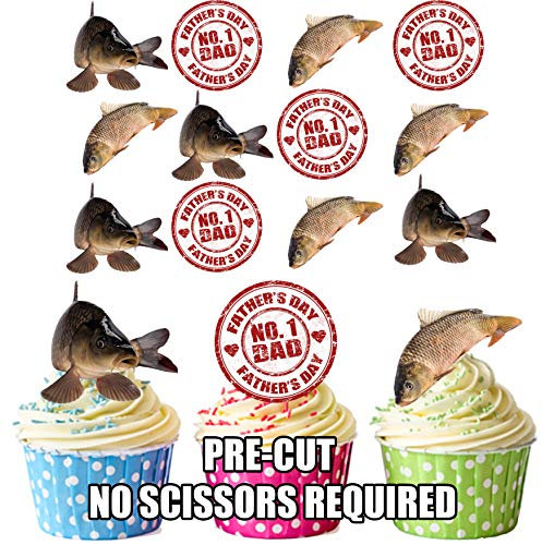 AK Giftshop Father's Day Carp Fishing Cake Decorations - Edible Stand-up Cup Cake Toppers (pack of 12)