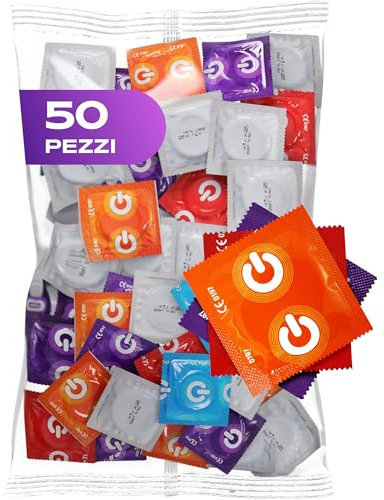 ON) Mix de Condones | Paquete de 50 | Condones Premium 7 tipos y tamaños con 54 mm de ancho | 10x extra delgados, naturales y texturizados | 5x extra fuertes, con aroma a fresa, plátano y chocolate