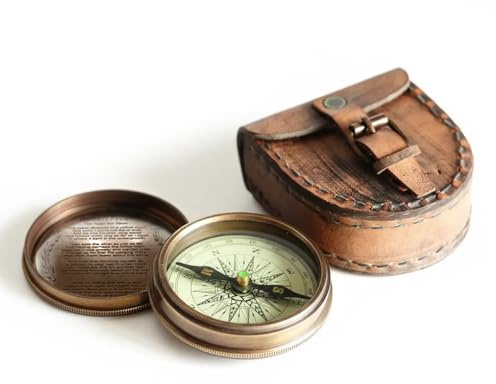 Wind & Weather Antiqued Brass Poem Compass with Leather Case