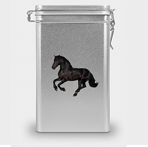 Pferdefutterdose Trakehner, Vorratsdose, Leckerliedose, Blech-Dose, Pferdenapf mit Motiv Trakehner - silber