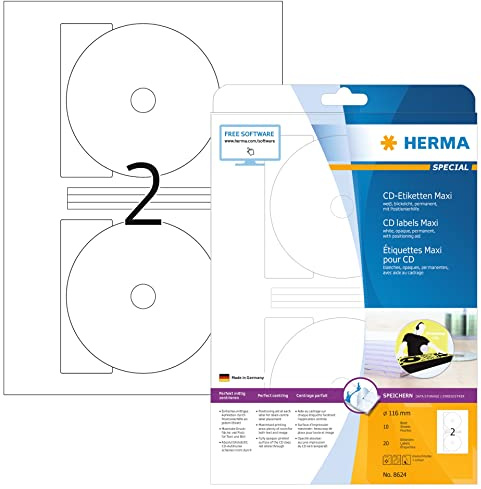 HERMA 8624 CD etiketter inklusive positioneringshjälp A4 ogenomskinlig (Ø 116 mm MAXI, 10 ark, papper, matt) självhäftande, utskrivbara, permanenta DVD etiketter, 20 klistermärken, vit
