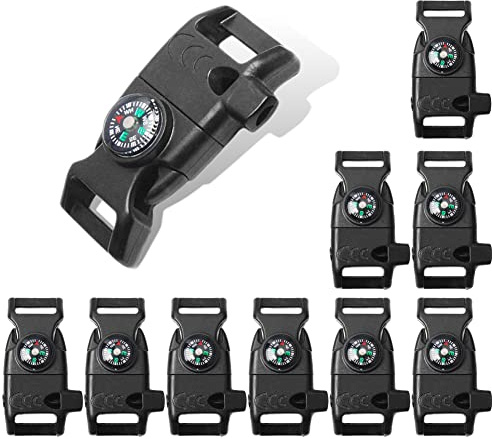 CooBigo 10pcs Pack Black 5/8 Compass Flint Scraper Fire Starter Whistle Buckle Plastic Paracord Bracelet Outdoor Camping Emergency Survival Travel Kits #FLC158-FWC(Black)
