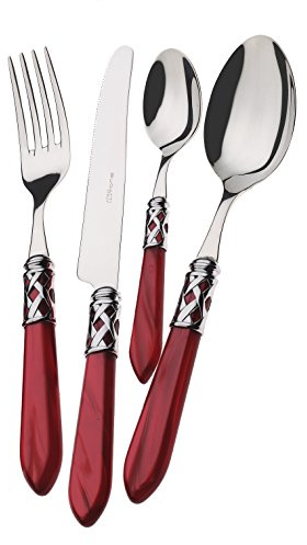 Cubertería BUGATTI, Aladdin, 24 piezas en acero inoxidable 18/10, aro cromado y mango color BORDEAUX con efecto nácar. Cubertería para 6 personas: 6 cucharas, 6 tenedores, 6 cuchillos y 6 cucharas de café