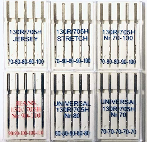 30 Nähmaschinennadeln Flachkolben 130/705 je 5 Nadeln: 80er 70er 70-100 (sortiert) Jeans Stretch Jersey