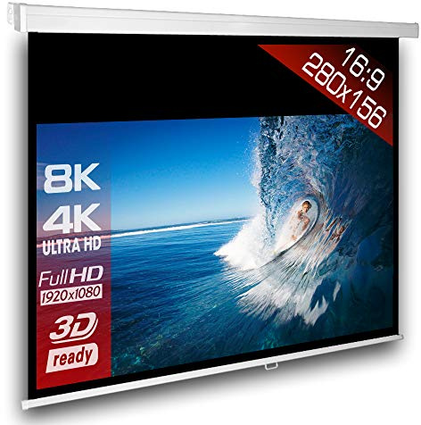 SlenderLine Beamer Leinwand 280 x 156 cm | Format 16:9 | 1.2 Gain | FULL-HD 4K 8K & 2D/3D geeignet | manuelle Rolloleinwand für Heimkino und Präsentation | 4-kant Gehäuse - direkte Decken- bzw. Wandmontage | Aufrollmechanismus mit mehrfach Arretierung