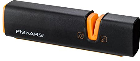 Fiskars Messerschärfer für scharfe Messerklingen aus Stahl, Keramikschleifstein, Edge, Roll-Sharp, Schwarz/Orange, 1003098