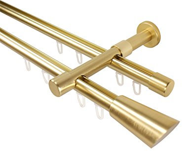 iso-design Gardinenstangen Innenlauf 2-läufig Farbe Messing matt, 20 mm Durchmesser, Wandmontage, Gardinenstangenkomplettset aus Metall mit Wandhaltern und Endstück Digo, 240 cm (2 x 120 cm)