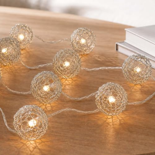 hellum LED Lichterkette Strom, 20 LED, Metallbälle silber, Trafo innen | Lichterkette Steckdose innen warmweiß mit Trafo, 4,75m beleuchtet, transparentes Kabel für Regal, Tisch, Fenster <59lm 576559