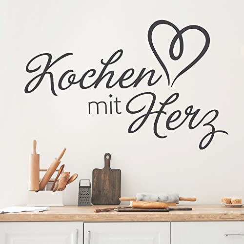 GRAZDesign Wandtattoo Küche Sprüche | Kochen mit Herz | Wandsticker Sticker Esszimmer Wanddeko Coffee Wandaufkleber, Küchenrückwand Küchen Deko Aufkleber selbstklebend, 47x30cm, 073 dunkelgrau