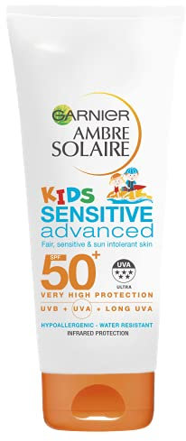 Garnier Ambre Solaire Kids Sensitive Hypoallergenic Sun Protect Lotion Tube SPF 50+ Very High Protection Sunscreen Against UVA & UVB, Easy Use Non Sticky Water Resistant Lotion, for Face & Body, 200ml
