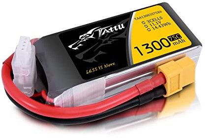 Tattu 3S Lipo Batterie 1300mAh 11.1V 75C Batterie RC avec connecteur XT60 Connection,pour Most FPV Racing Quad Copter Drone Airplane maquettes de Bateaux