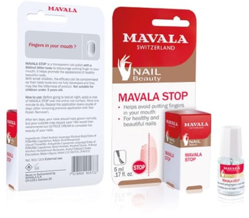 Mavala stoppavskräckande nagellacksbehandling stoppar att sätta fingrar i munnen, för åldrarna 3+, 5 ml (paket med 1)