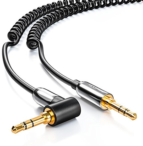 deleyCON 1,3m Stereo Audio AUX Klinkenkabel Spiralkabel - 3,5mm Stecker zu 3,5mm Stecker 90° Abgewinkelt - Vergoldete Anschlüsse - Kompatibel mit MP3‑Player Smartphone Tablet TV Hi‑Fi