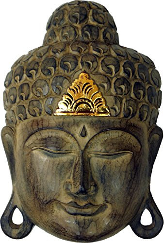 GURU SHOP Geschnitzte Buddha Maske mit Goldverzierung, Wandschmuck, Ethno Wanddekoration aus Balsaholz, Braun, Size:45 cm