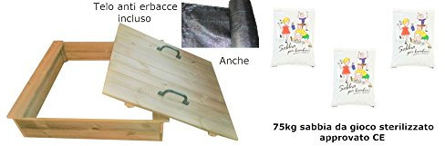 Sabbiera/Piscina di palline quadrato con 75kg sabbia da gioco coperta in legno e telo anti erbacce