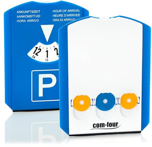 com-four® 2X Parkscheibe mit Eiskratzer, Gummilippe und Einkaufswagenchip - Parkuhr aus Kunststoff (02 Stück - Parkscheibe mit Chip)